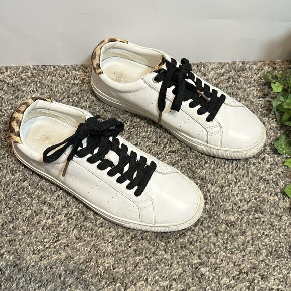 J. Crew Women's White Saturday Leopard Trim Leather Sneakers Shoes Size 7H - Picture 1 of 7